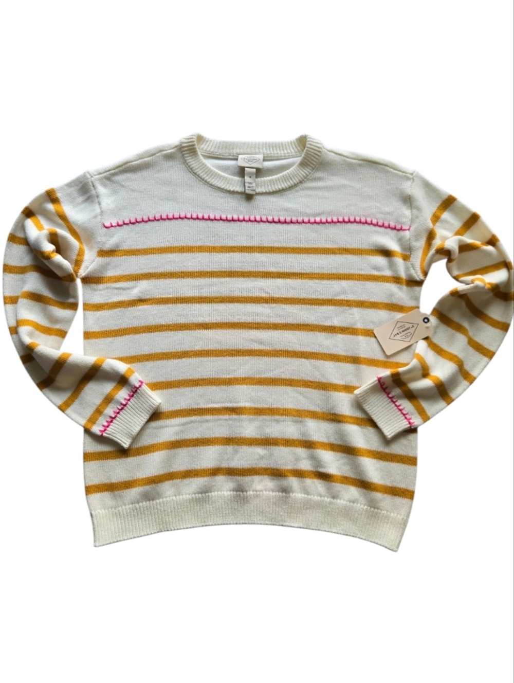 NWT St. John's Bay Striped Crewneck Sweater - Ivory Tan & Pink Embroidery Small
